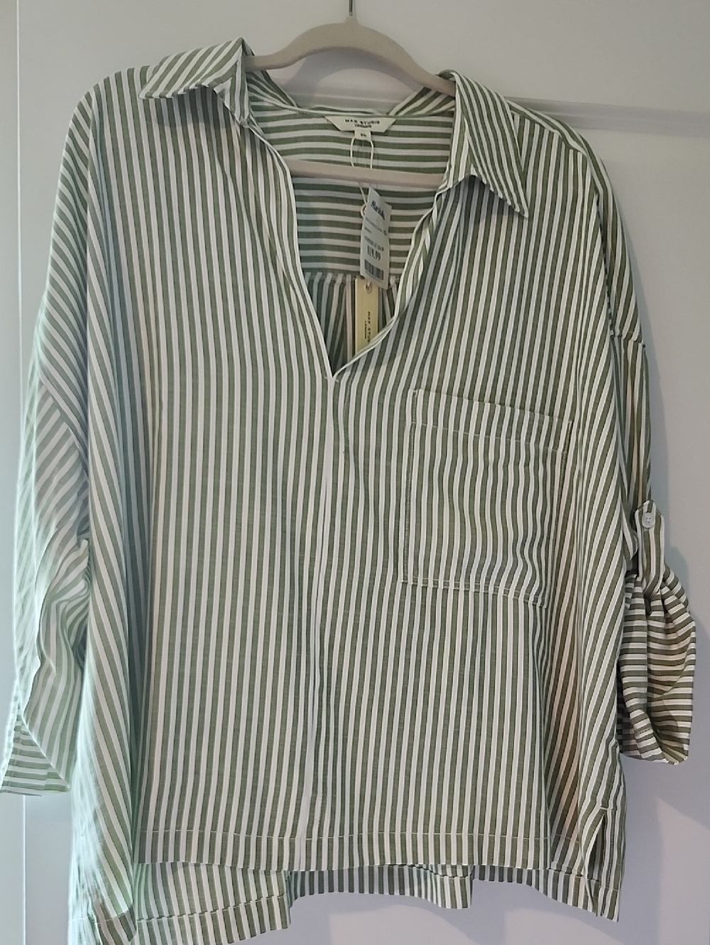 Max Studio London Green And White Striped Buttonless Shirt NWT